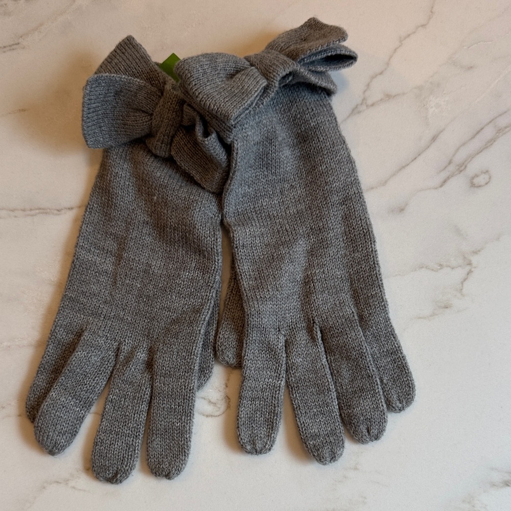 Kate Spade Gray Knit Gloves with Bow, Wool Blend